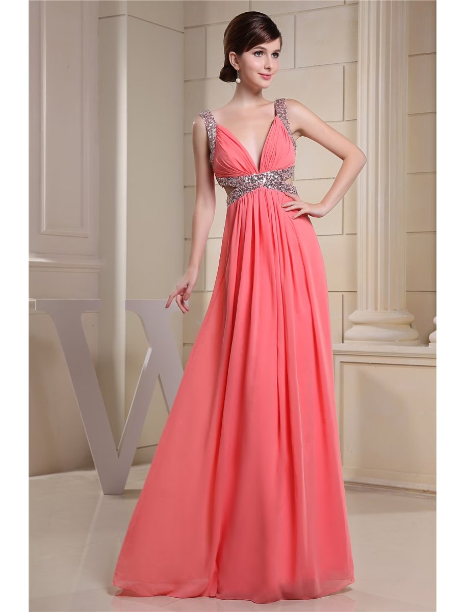 NumberSea - A - Line Evening Gown Sparkle Dress Engagement Floor Length Sleeveless V Neck Chiffon with Pleats Sequin