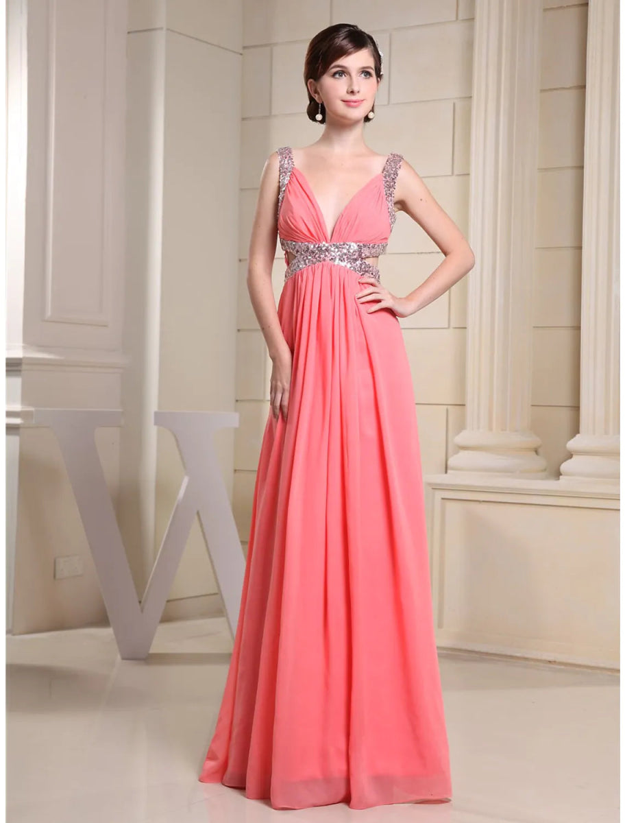 NumberSea - A - Line Evening Gown Sparkle Dress Engagement Floor Length Sleeveless V Neck Chiffon with Pleats Sequin