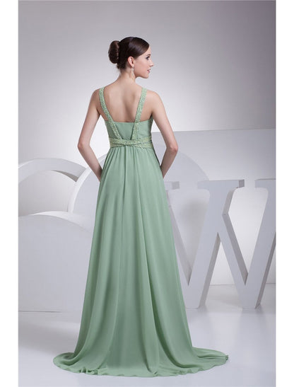 NumberSea - A - Line Evening Gown Sparkle Dress Formal Evening Floor Length Sleeveless Spaghetti Strap Chiffon with Beading