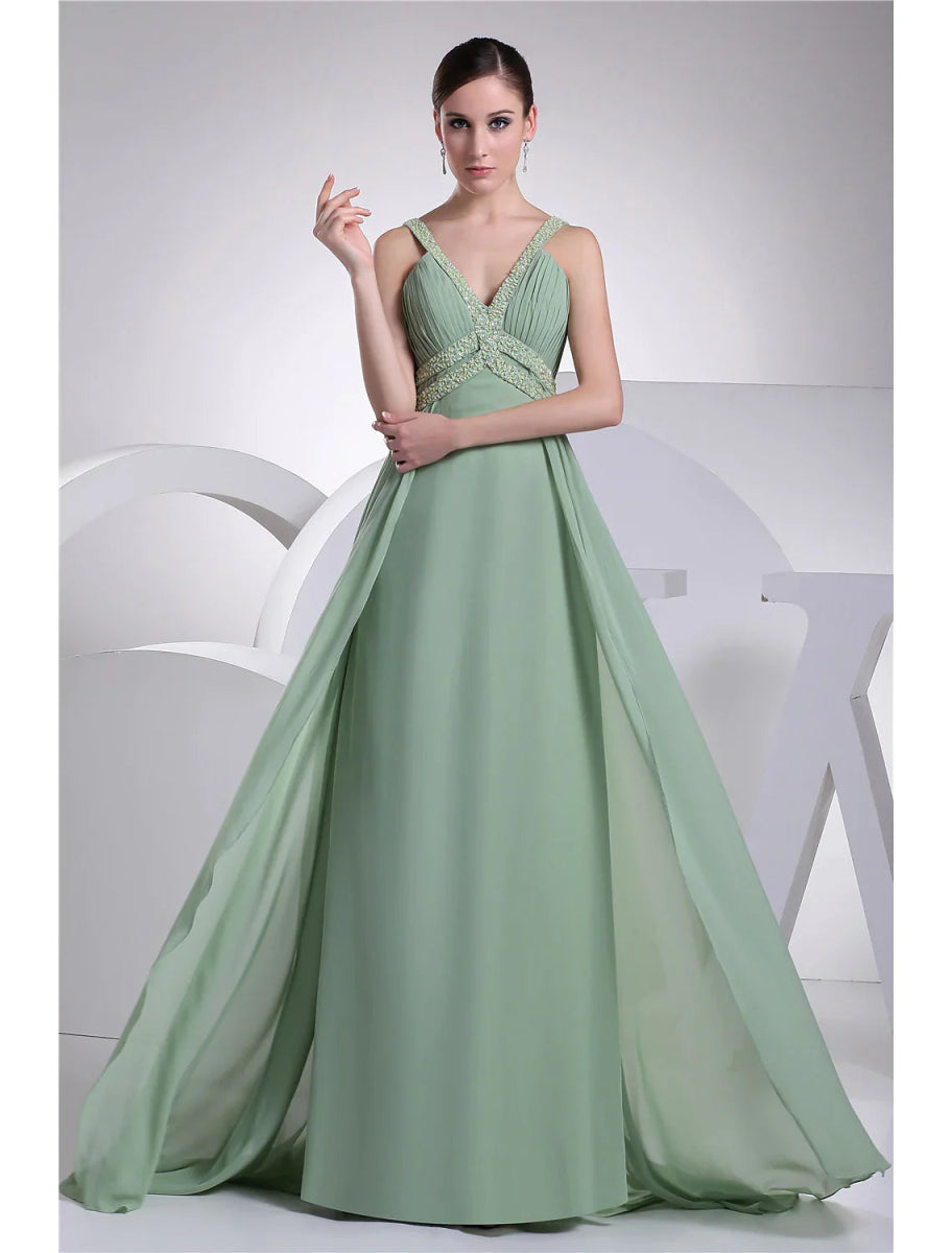 NumberSea - A - Line Evening Gown Sparkle Dress Formal Evening Floor Length Sleeveless Spaghetti Strap Chiffon with Beading