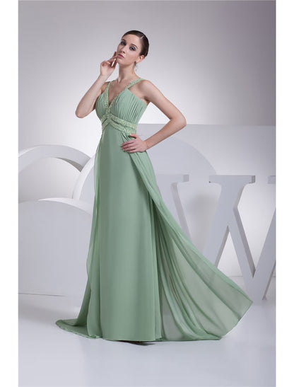 NumberSea - A - Line Evening Gown Sparkle Dress Formal Evening Floor Length Sleeveless Spaghetti Strap Chiffon with Beading