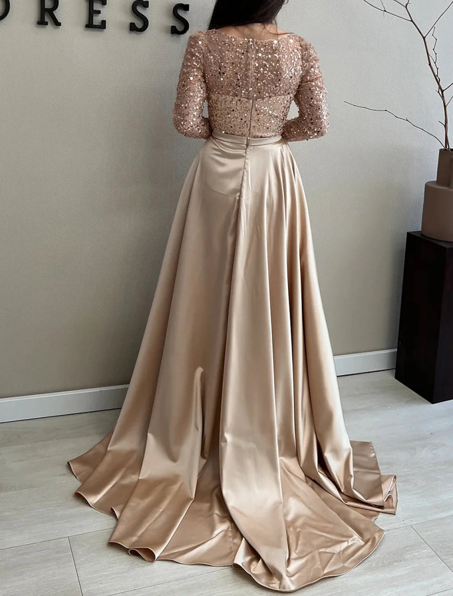 NumberSea - A - Line Evening Gown Sparkle Dress Wedding Black Tie Floor Length Long Sleeve Jewel Neck Satin with Sequin