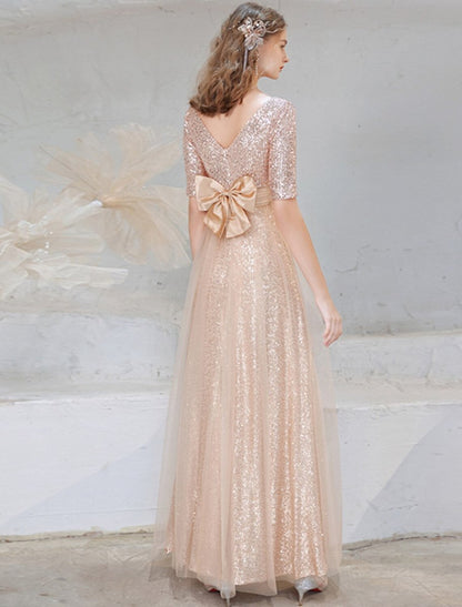 NumberSea - A - Line Evening Gown Sparkle Dress Wedding Guest Floor Length Half Sleeve V Neck Sequined with Bow(s) Sequin