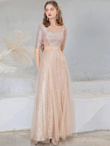 NumberSea - A - Line Evening Gown Sparkle Dress Wedding Guest Floor Length Half Sleeve V Neck Sequined with Bow(s) Sequin