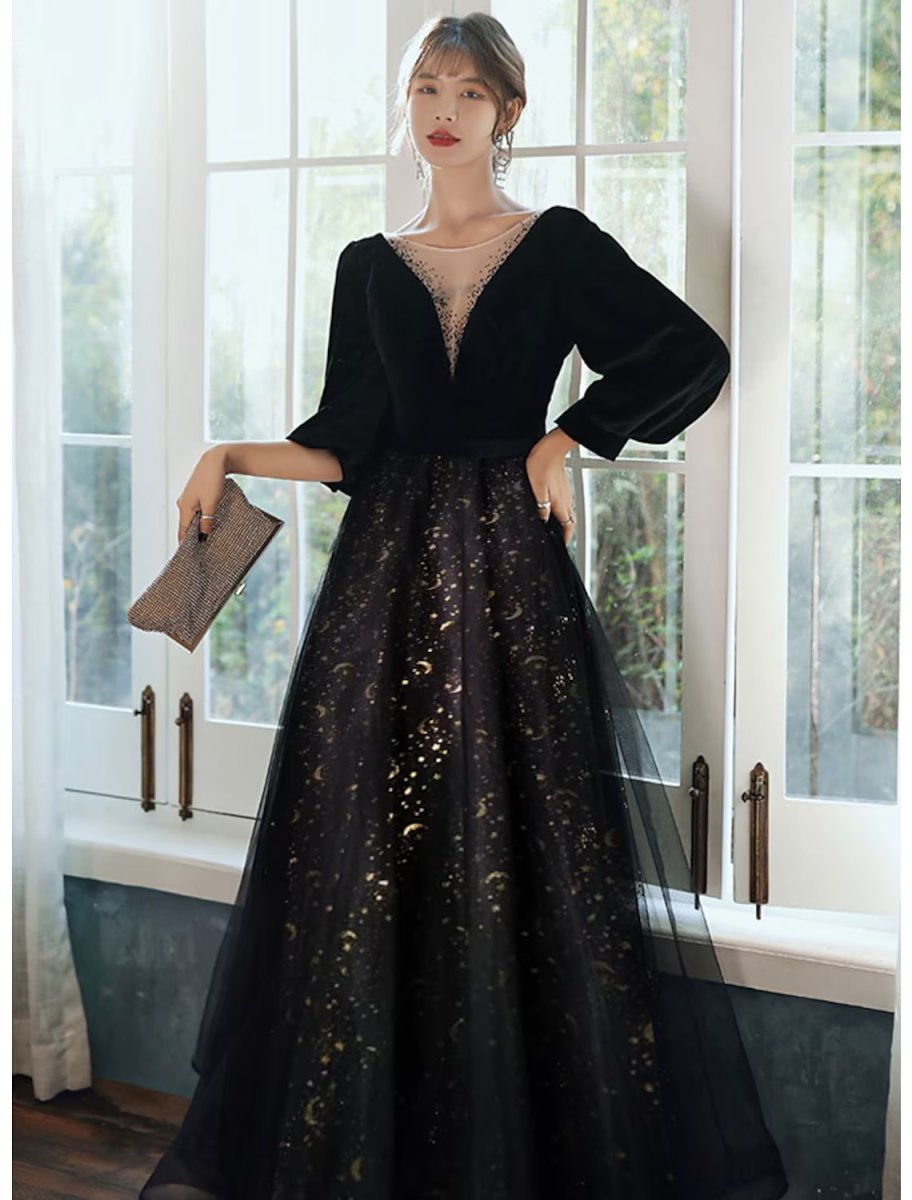 NumberSea - A - Line Evening Gown Sparkle Dress Wedding Guest Floor Length Long Sleeve V Neck Satin with Crystals Sequin