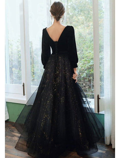 NumberSea - A - Line Evening Gown Sparkle Dress Wedding Guest Floor Length Long Sleeve V Neck Satin with Crystals Sequin