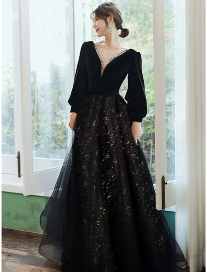 NumberSea - A - Line Evening Gown Sparkle Dress Wedding Guest Floor Length Long Sleeve V Neck Satin with Crystals Sequin