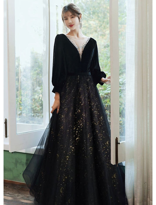 NumberSea - A - Line Evening Gown Sparkle Dress Wedding Guest Floor Length Long Sleeve V Neck Satin with Crystals Sequin