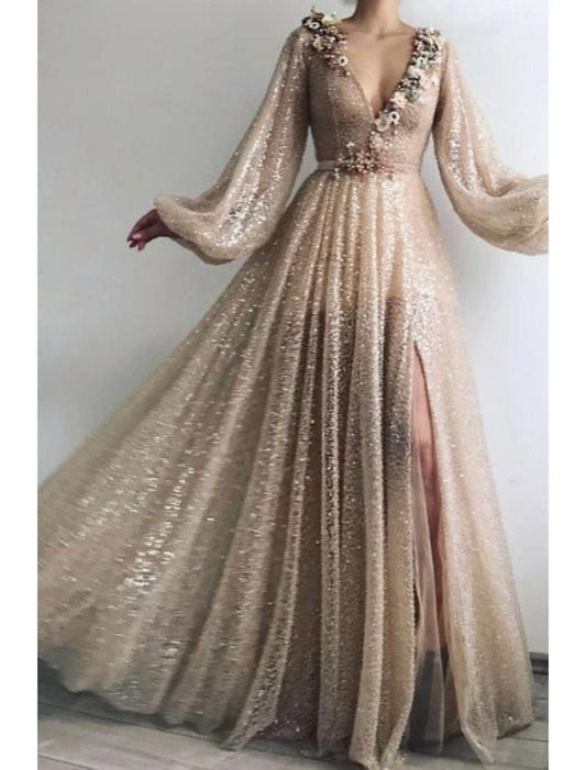 NumberSea - A - Line Evening Gown Sparkle Dress Wedding Guest Prom Floor Length Long Sleeve V Neck Sequined with Sequin Appliques Split Front