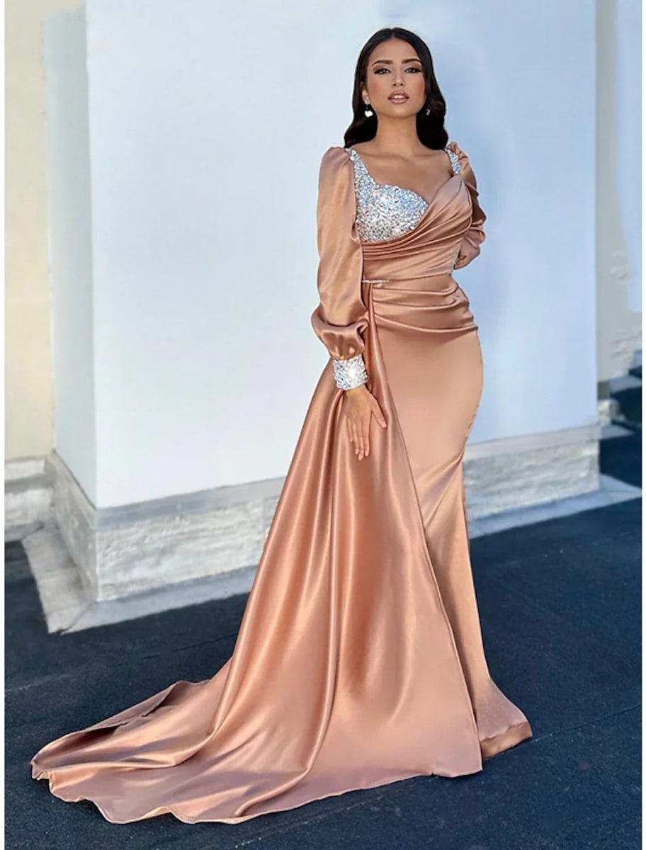 NumberSea - A - Line Evening Gown Sparkle & Shine Dress Formal Fall Court Train Long Sleeve Square Neck Satin with Glitter Ruched