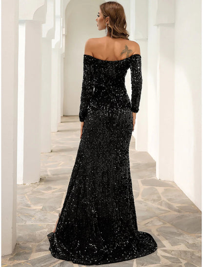 NumberSea - A - Line Evening Gown Sparkle & Shine Dress Formal Fall Sweep / Brush Train Long Sleeve Off Shoulder Velvet with Sequin Slit