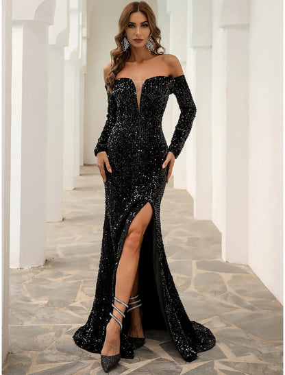 NumberSea - A - Line Evening Gown Sparkle & Shine Dress Formal Fall Sweep / Brush Train Long Sleeve Off Shoulder Velvet with Sequin Slit