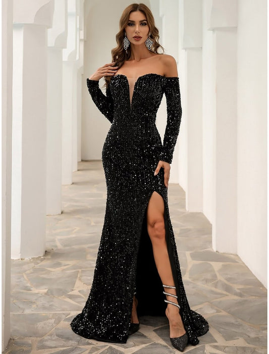 NumberSea - A - Line Evening Gown Sparkle & Shine Dress Formal Fall Sweep / Brush Train Long Sleeve Off Shoulder Velvet with Sequin Slit