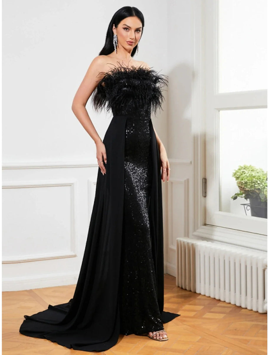 NumberSea - A - Line Evening Gown Sparkle & Shine Dress Formal Fall Sweep / Brush Train Sleeveless Strapless Sequined with Feather Glitter