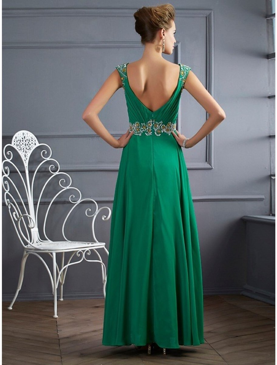 NumberSea - A - Line Evening Gown Sparkle & Shine Dress Formal Prom Floor Length Sleeveless V Neck Chiffon with Rhinestone Ruched