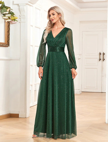 NumberSea - A - Line Evening Gown Sparkle & Shine Dress Formal Wedding Party Dress Floor Length Long Sleeve V Neck Chiffon with Sequin