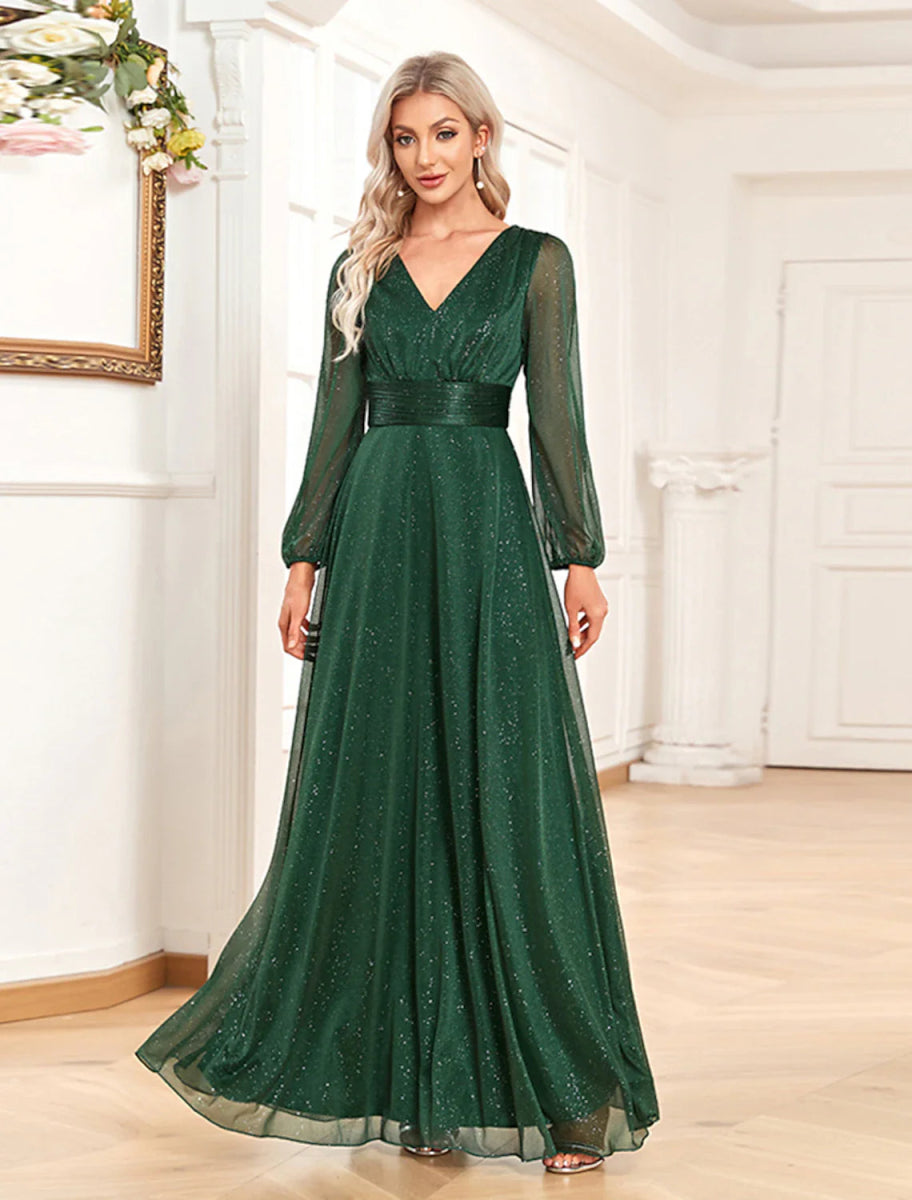 NumberSea - A - Line Evening Gown Sparkle & Shine Dress Formal Wedding Party Dress Floor Length Long Sleeve V Neck Chiffon with Sequin