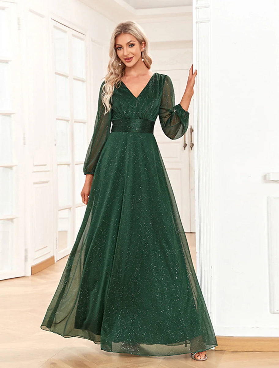 NumberSea - A - Line Evening Gown Sparkle & Shine Dress Formal Wedding Party Dress Floor Length Long Sleeve V Neck Chiffon with Sequin