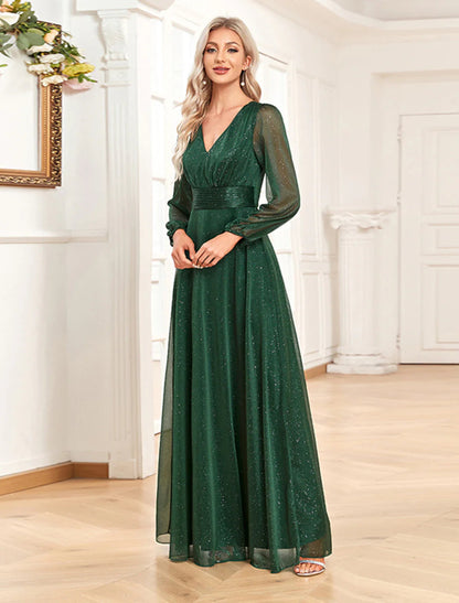 NumberSea - A - Line Evening Gown Sparkle & Shine Dress Formal Wedding Party Dress Floor Length Long Sleeve V Neck Chiffon with Sequin