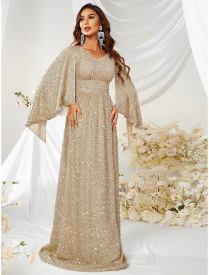 NumberSea - A - Line Evening Gown Sparkle & Shine Dress Formal Wedding Sweep / Brush Train Long Sleeve V Neck Capes Polyester with Sequin