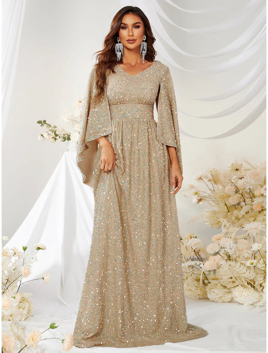 NumberSea - A - Line Evening Gown Sparkle & Shine Dress Formal Wedding Sweep / Brush Train Long Sleeve V Neck Capes Polyester with Sequin