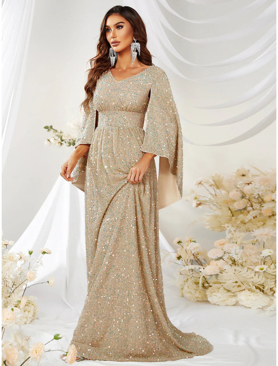 NumberSea - A - Line Evening Gown Sparkle & Shine Dress Formal Wedding Sweep / Brush Train Long Sleeve V Neck Capes Polyester with Sequin