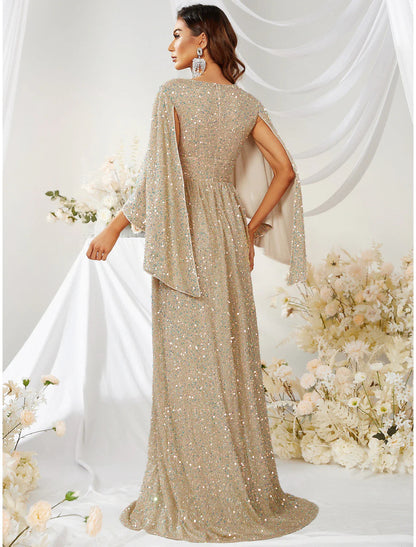 NumberSea - A - Line Evening Gown Sparkle & Shine Dress Formal Wedding Sweep / Brush Train Long Sleeve V Neck Capes Polyester with Sequin