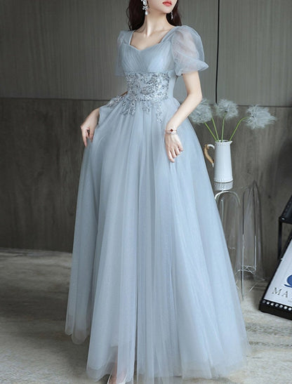 NumberSea - A - Line Evening Gown Sparkle & Shine Dress Party Dress Valentine's Day Floor Length Short Sleeve Sweetheart Tulle with Beading Tiered