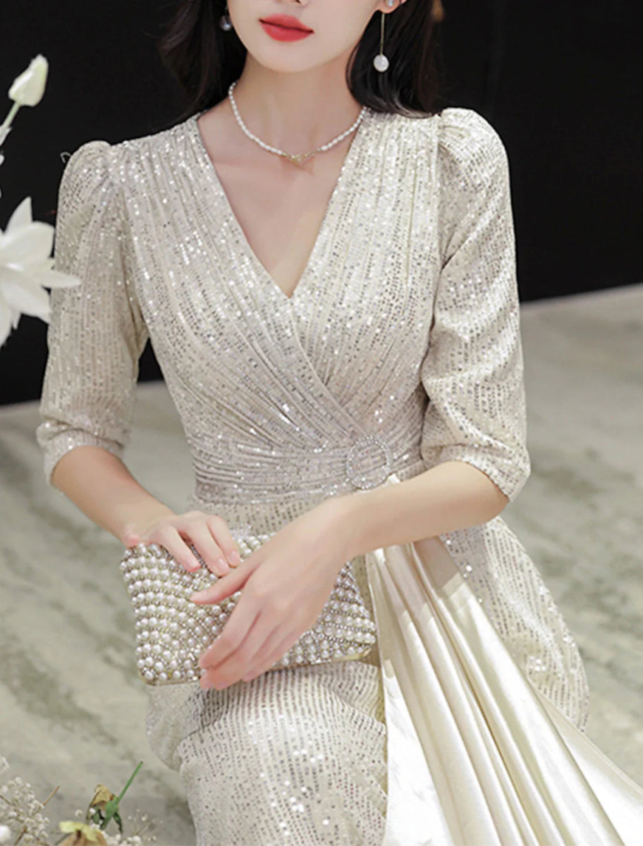 NumberSea - A - Line Evening Gown Sparkle & Shine Dress Wedding Guest Prom Floor Length Half Sleeve V Neck Sequined with Glitter Fringe Tassel