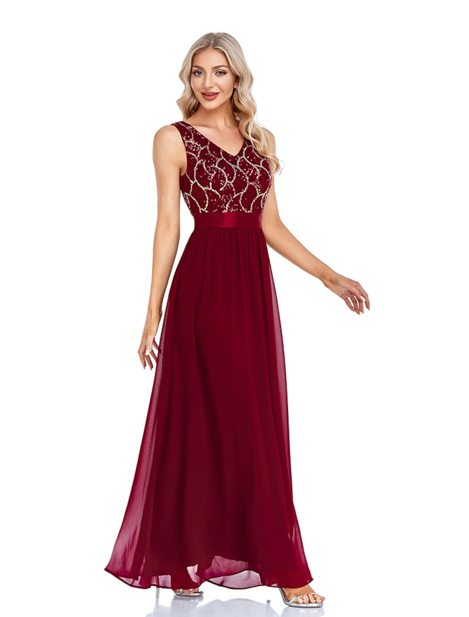 NumberSea - A - Line Evening Gown Sparkle & Shine Dress Wedding Guest Prom Floor Length Sleeveless V Neck Bridesmaid Dress Chiffon V Back with Sequin Splicing