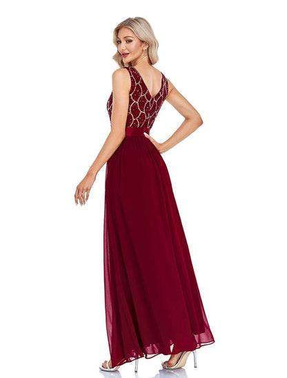 NumberSea - A - Line Evening Gown Sparkle & Shine Dress Wedding Guest Prom Floor Length Sleeveless V Neck Bridesmaid Dress Chiffon V Back with Sequin Splicing