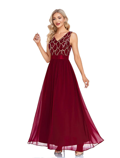 NumberSea - A - Line Evening Gown Sparkle & Shine Dress Wedding Guest Prom Floor Length Sleeveless V Neck Bridesmaid Dress Chiffon V Back with Sequin Splicing