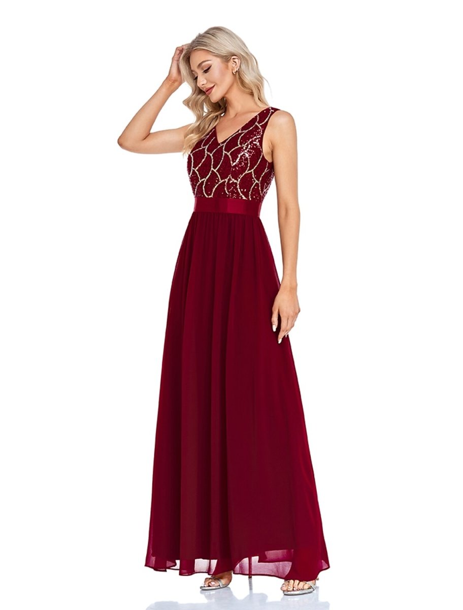 NumberSea - A - Line Evening Gown Sparkle & Shine Dress Wedding Guest Prom Floor Length Sleeveless V Neck Bridesmaid Dress Chiffon V Back with Sequin Splicing