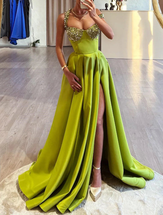 NumberSea - A - Line Evening Gown Sparkle & Shine Dress Wedding Prom Court Train Sleeveless Off Shoulder Satin with Sequin Slit