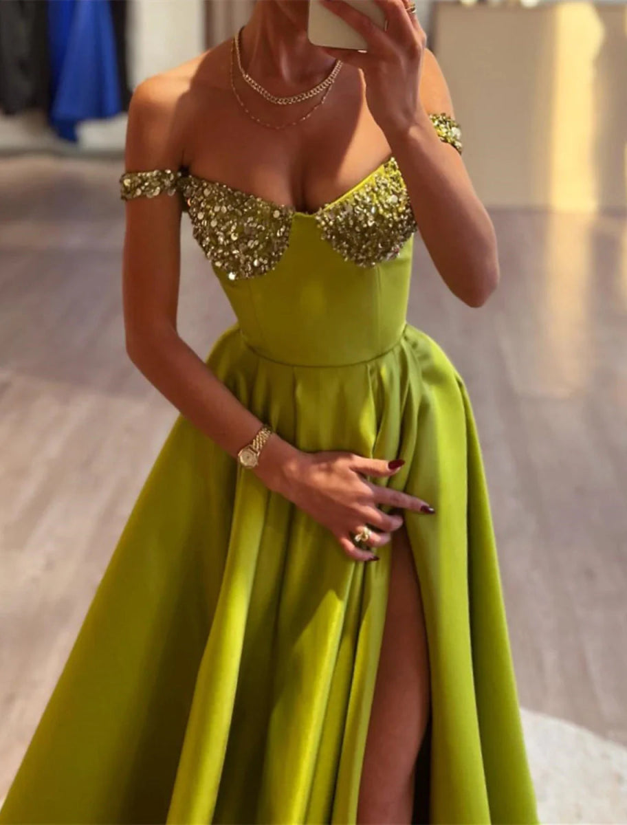 NumberSea - A - Line Evening Gown Sparkle & Shine Dress Wedding Prom Court Train Sleeveless Off Shoulder Satin with Sequin Slit