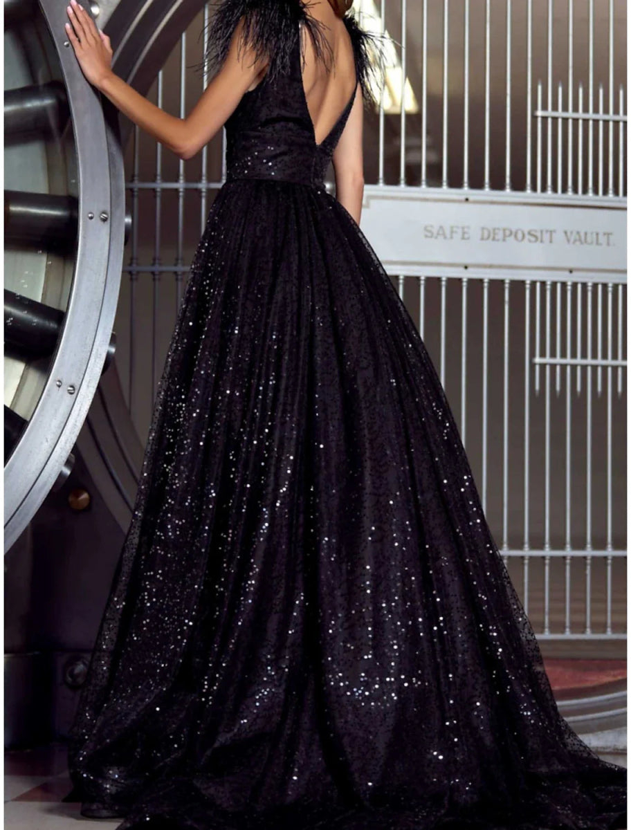 NumberSea - A - Line Evening Gown Sparkly Black Dress Plus Size Formal Sweep / Brush Train Short Sleeve V Neck Sequined with Feather Sequin