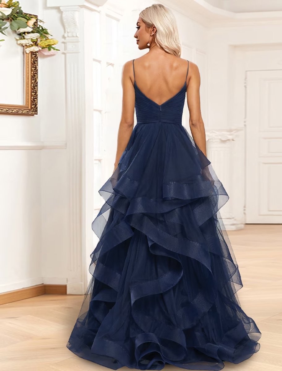 NumberSea - A - Line Evening Gown Tiered Dress Formal Sweep / Brush Train Sleeveless Spaghetti Strap Organza with Ruched Ruffles Slit