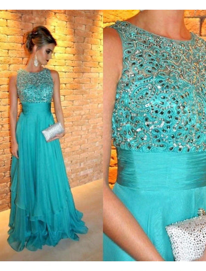 NumberSea - A - Line Evening Gown Tiered Prom Dress Formal Sweep / Brush Train Sleeveless Jewel Neck Chiffon with Rhinestone