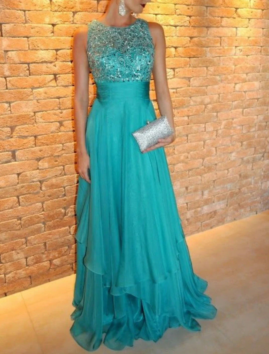 NumberSea - A - Line Evening Gown Tiered Prom Dress Formal Sweep / Brush Train Sleeveless Jewel Neck Chiffon with Rhinestone