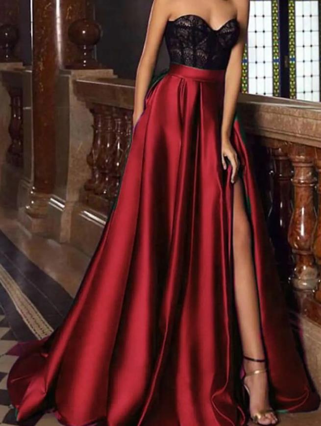 NumberSea - A - Line Evening Gown Vintage Dress Christmas Court Train Sleeveless Sweetheart Pocket Satin with Slit Embroidery Pocket