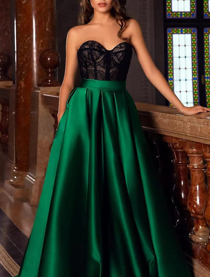 NumberSea - A - Line Evening Gown Vintage Dress Christmas Court Train Sleeveless Sweetheart Pocket Satin with Slit Embroidery Pocket