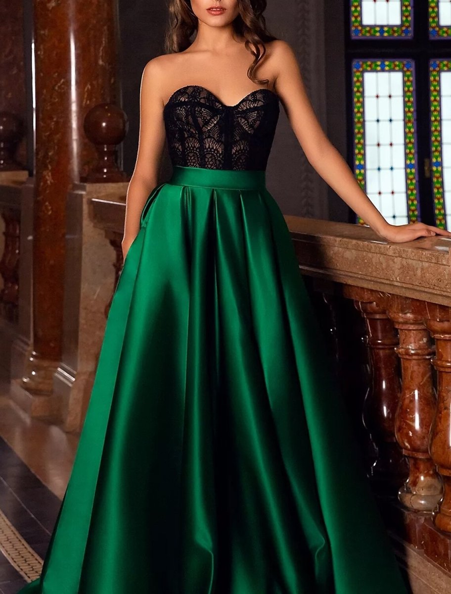 NumberSea - A - Line Evening Gown Vintage Dress Christmas Red Green Dress Engagement Court Train Sleeveless Sweetheart Pocket Satin with Slit Embroidery Pocket