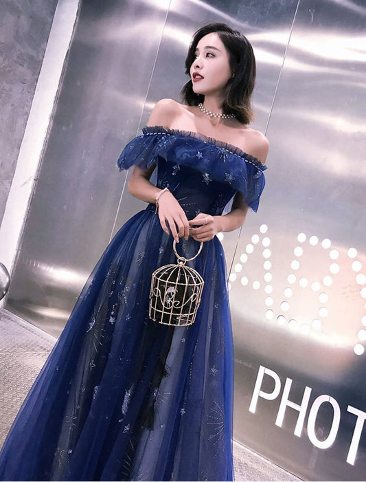 NumberSea - A - Line Fairy Prom Dress Sparkle Party Dress Off Shoulder Short Sleeve Floor Length Tulle with Sequins Embroidery