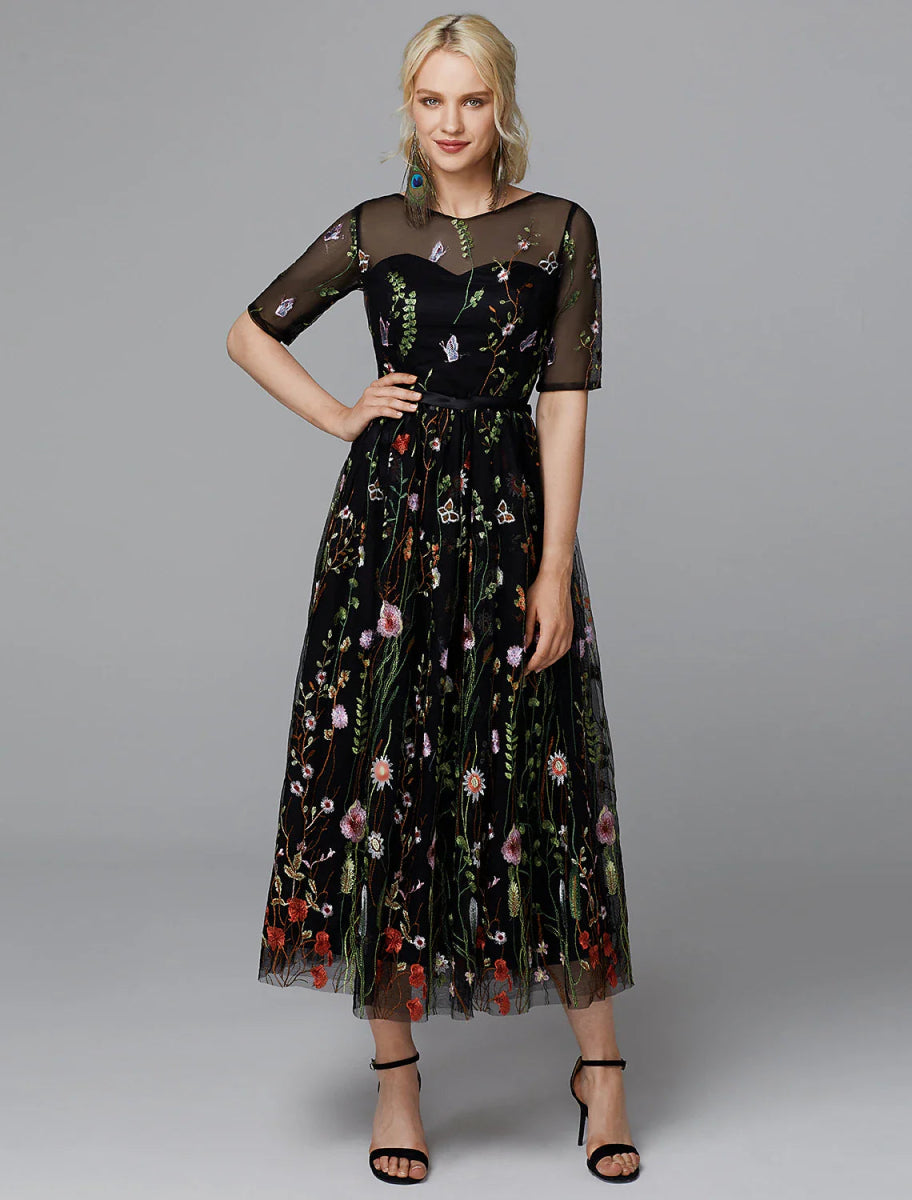 NumberSea - A - Line Floral Dress Holiday Wedding Guest Tea Length Half Sleeve Illusion Neck Lace with Embroidery Appliques