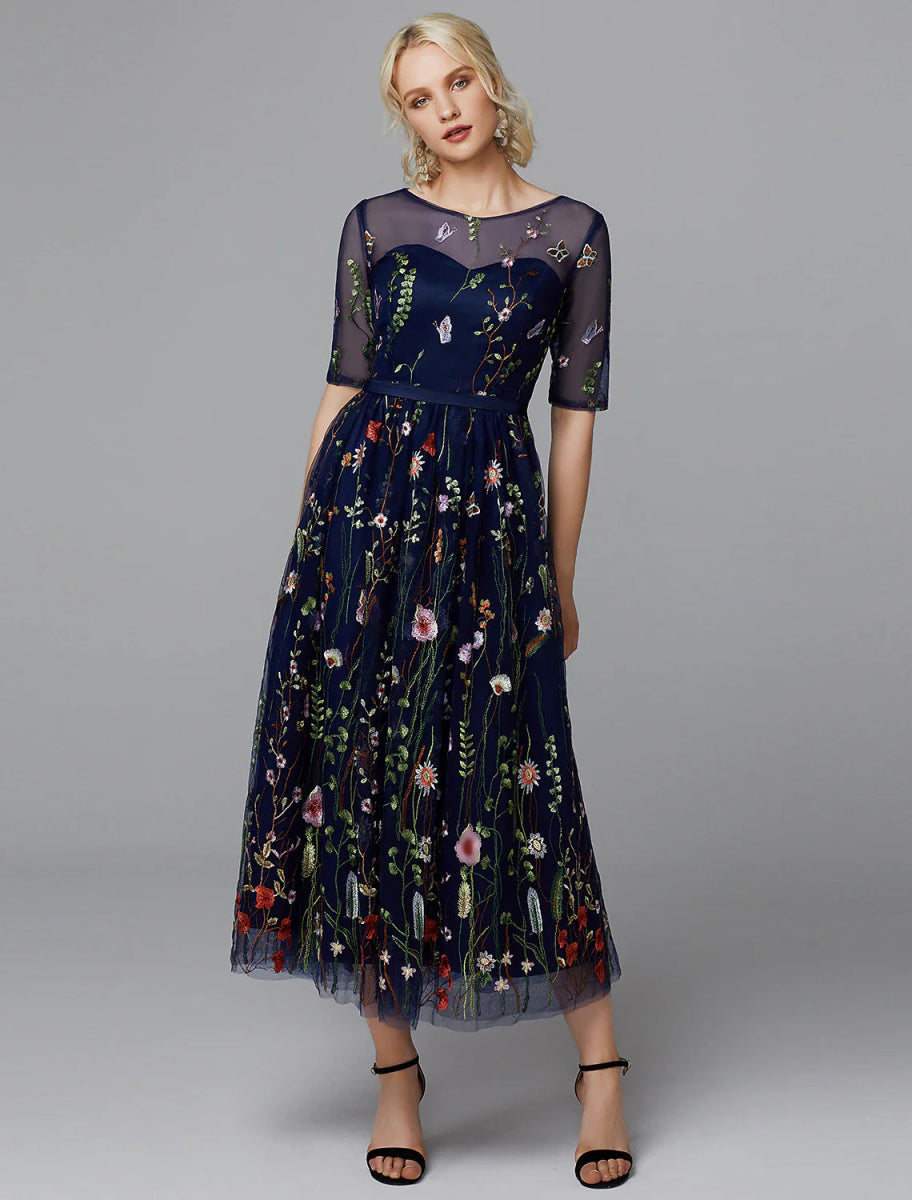 NumberSea - A - Line Floral Dress Holiday Wedding Guest Tea Length Half Sleeve Illusion Neck Lace with Embroidery Appliques