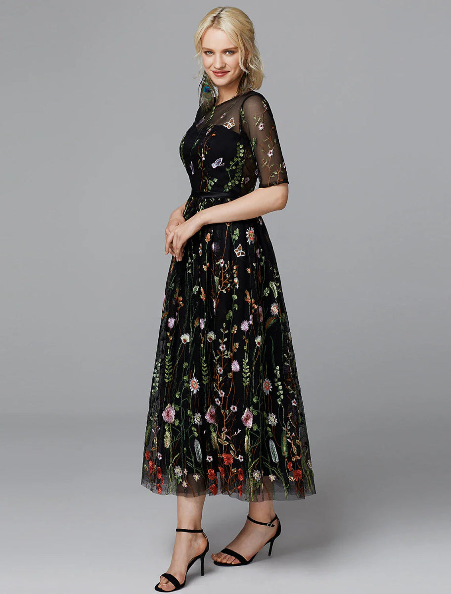 NumberSea - A - Line Floral Dress Holiday Wedding Guest Tea Length Half Sleeve Illusion Neck Lace with Embroidery Appliques