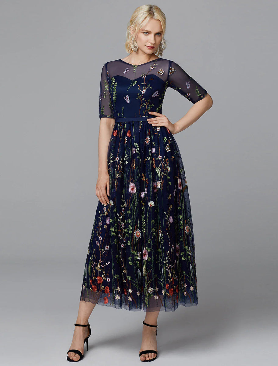 NumberSea - A - Line Floral Dress Holiday Wedding Guest Tea Length Half Sleeve Illusion Neck Lace with Embroidery Appliques