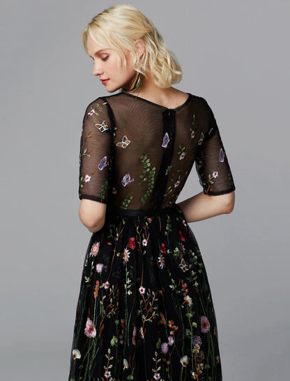 NumberSea - A - Line Floral Dress Holiday Wedding Guest Tea Length Half Sleeve Illusion Neck Lace with Embroidery Appliques