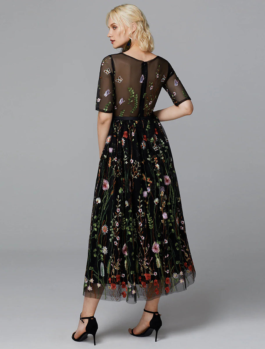 NumberSea - A - Line Floral Dress Holiday Wedding Guest Tea Length Half Sleeve Illusion Neck Lace with Embroidery Appliques