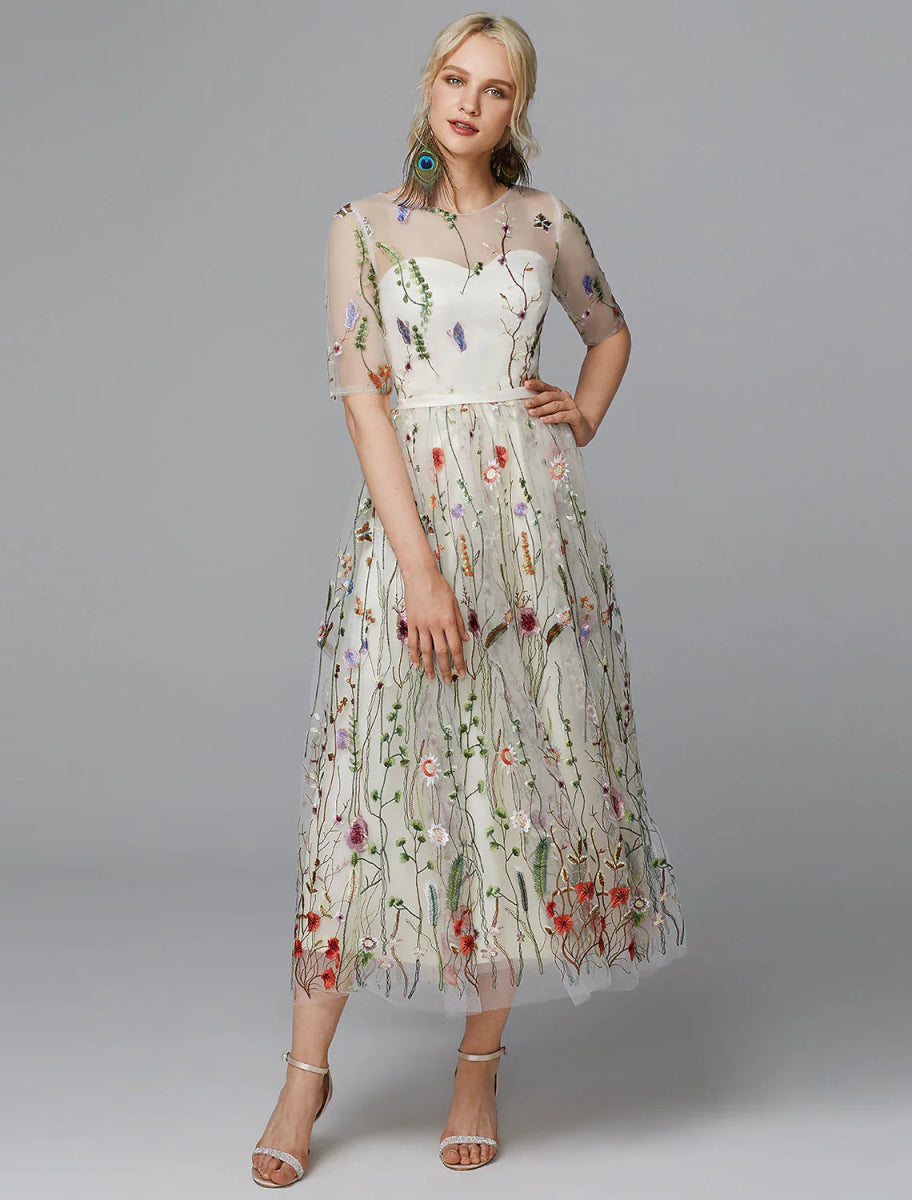 NumberSea - A - Line Floral Dress Holiday Wedding Guest Tea Length Half Sleeve Illusion Neck Lace with Embroidery Appliques